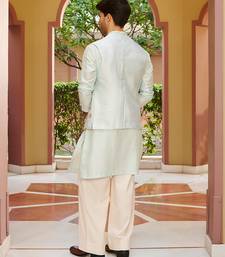 blue raw silk kurta nehru jacket set with floral embroidery