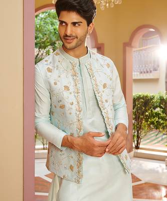 blue raw silk kurta nehru jacket set with floral embroidery 3
