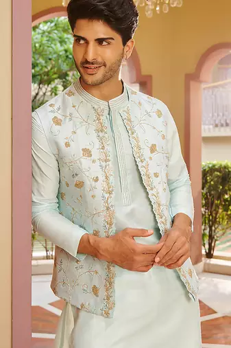 blue raw silk kurta nehru jacket set with floral embroidery