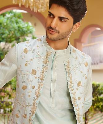 blue raw silk kurta nehru jacket set with floral embroidery 4