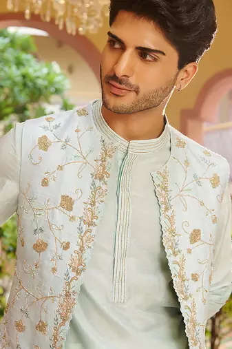blue raw silk kurta nehru jacket set with floral embroidery