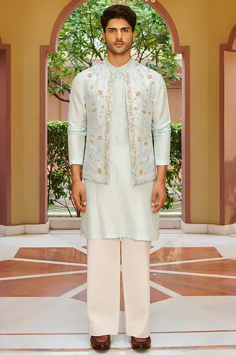 blue raw silk kurta nehru jacket set with floral embroidery