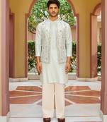 blue raw silk kurta nehru jacket set with floral embroidery