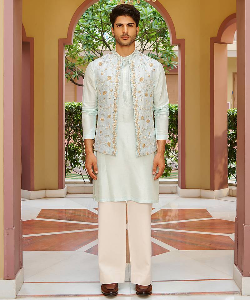 blue raw silk kurta nehru jacket set with floral embroidery