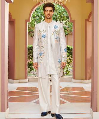 silver silk kurta jacket set with floral embroidery 1