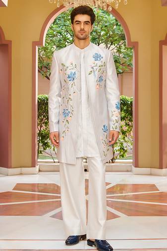 silver silk kurta jacket set with floral embroidery