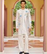silver silk kurta jacket set with floral embroidery