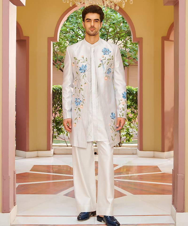 silver silk kurta jacket set with floral embroidery