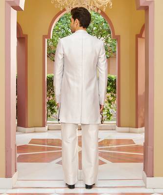 silver silk kurta jacket set with floral embroidery 2