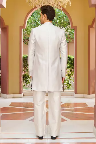 silver silk kurta jacket set with floral embroidery