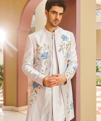 silver silk kurta jacket set with floral embroidery 3