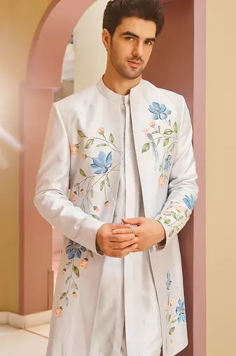 silver silk kurta jacket set with floral embroidery