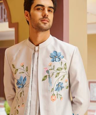 silver silk kurta jacket set with floral embroidery 4