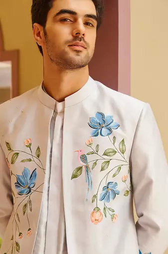 silver silk kurta jacket set with floral embroidery