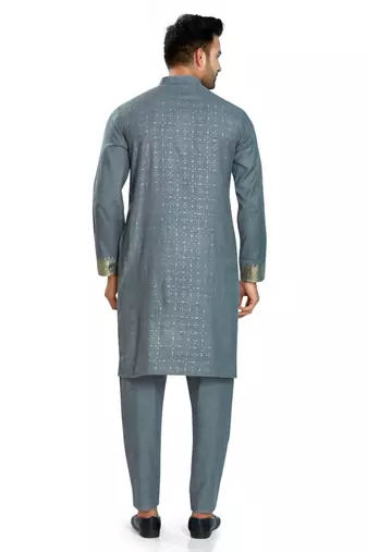 Grey hand block silver foil printed viscos kurta payjama ethnic wear / festive wear