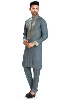 Grey hand block silver foil printed viscos kurta payjama ethnic wear / festive wear 3