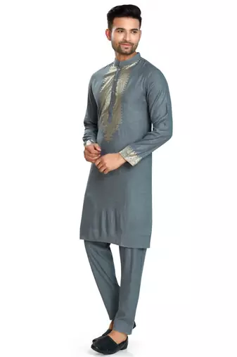 Grey hand block silver foil printed viscos kurta payjama ethnic wear / festive wear