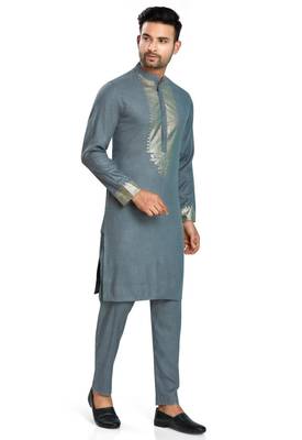 Grey hand block silver foil printed viscos kurta payjama ethnic wear / festive wear 4