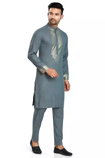 Grey hand block silver foil printed viscos kurta payjama ethnic wear / festive wear