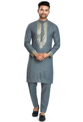 Grey hand block silver foil printed viscos kurta payjama ethnic wear / festive wear 1