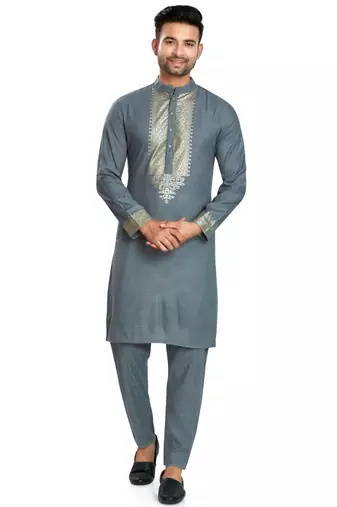 Grey hand block silver foil printed viscos kurta payjama ethnic wear / festive wear