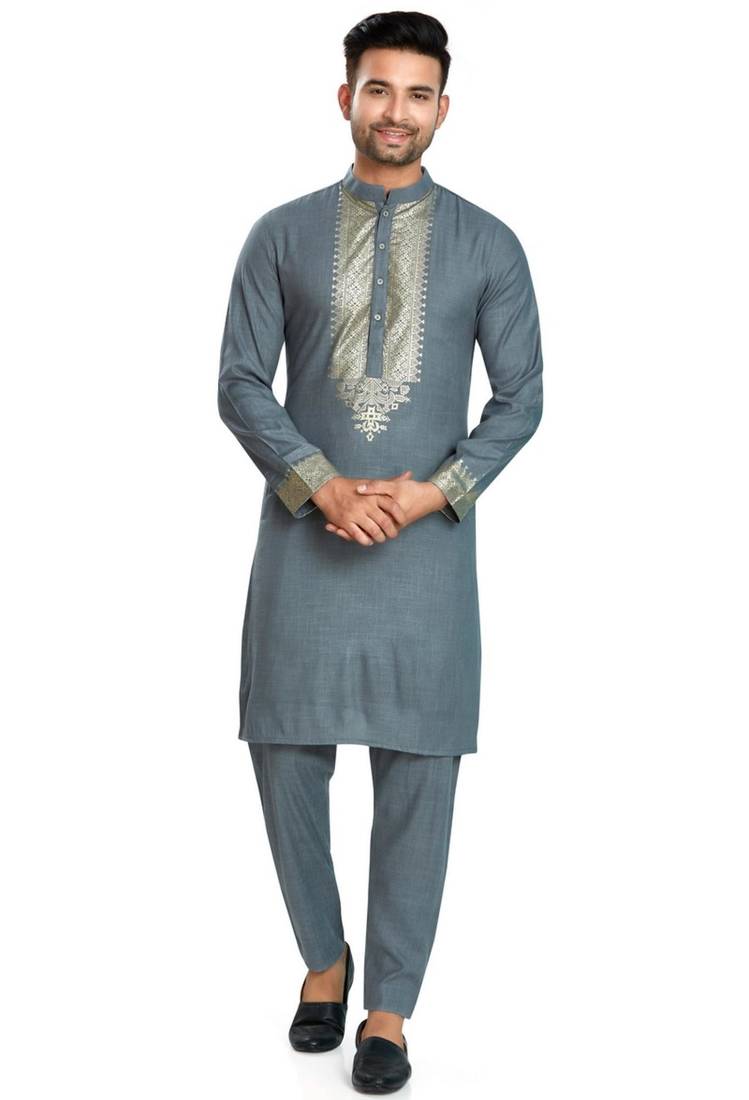 Grey hand block silver foil printed viscos kurta payjama ethnic wear / festive wear