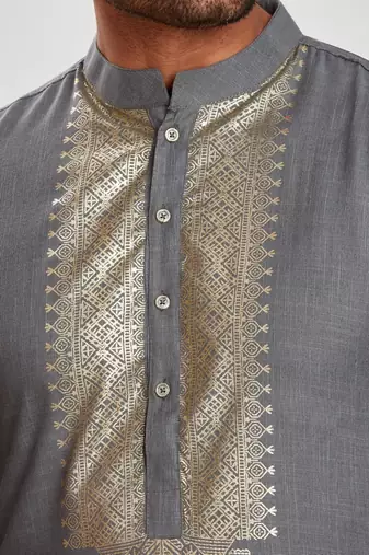 Grey hand block silver foil printed viscos kurta payjama ethnic wear / festive wear