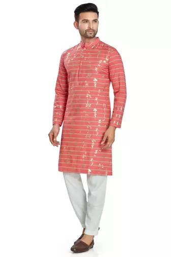 Red hand block  golden foil printed viscos kurta payjama etnic wear / festive wear