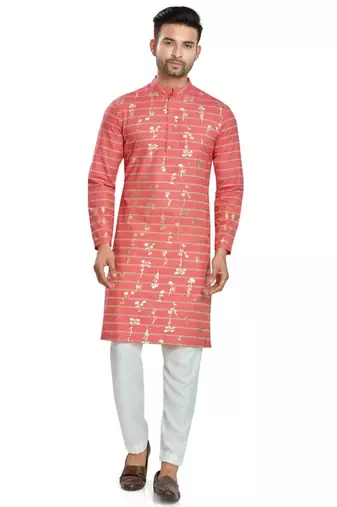 Red hand block  golden foil printed viscos kurta payjama etnic wear / festive wear