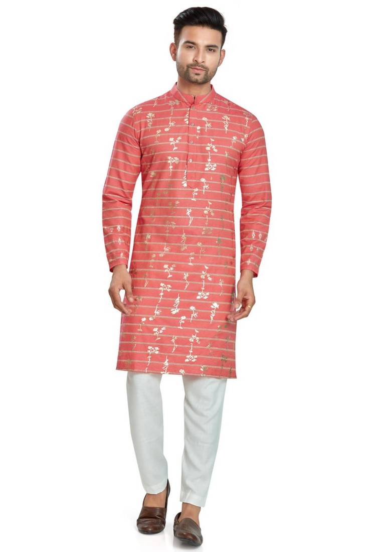 Red hand block  golden foil printed viscos kurta payjama etnic wear / festive wear