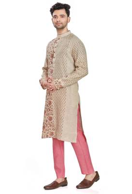 Beige hand block printed kurta with embreoidery viscos kurta payjama etnic wear / festive wear 3