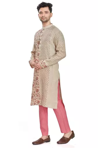 Beige hand block printed kurta with embreoidery viscos kurta payjama etnic wear / festive wear