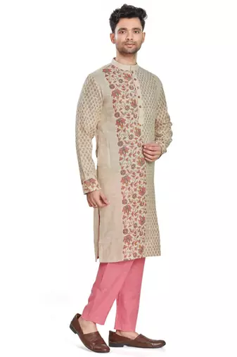Beige hand block printed kurta with embreoidery viscos kurta payjama etnic wear / festive wear