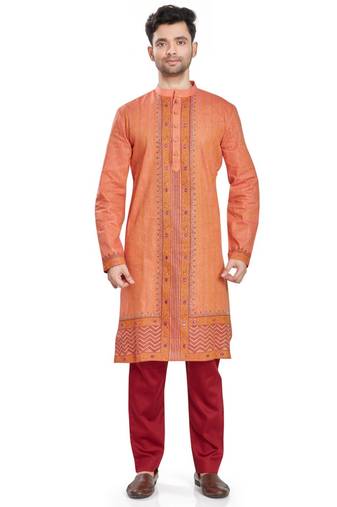 Orange hand block printed kurta with embroidery viscos kurta payjama ethnic wear / festive wear