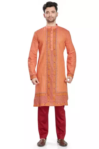Orange hand block printed kurta with embroidery viscos kurta payjama ethnic wear / festive wear