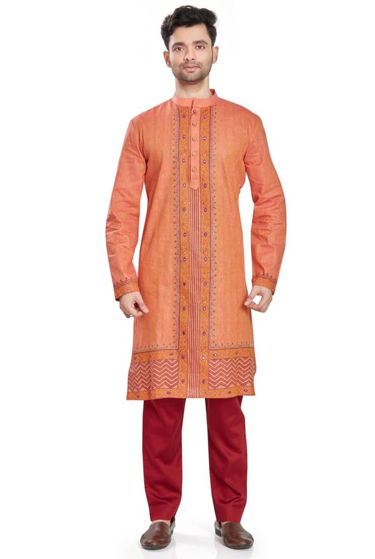 Orange hand block printed kurta with embroidery viscos kurta payjama ethnic wear / festive wear