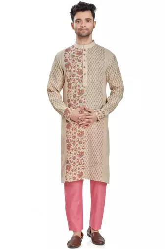 Beige hand block printed kurta with embreoidery viscos kurta payjama etnic wear / festive wear