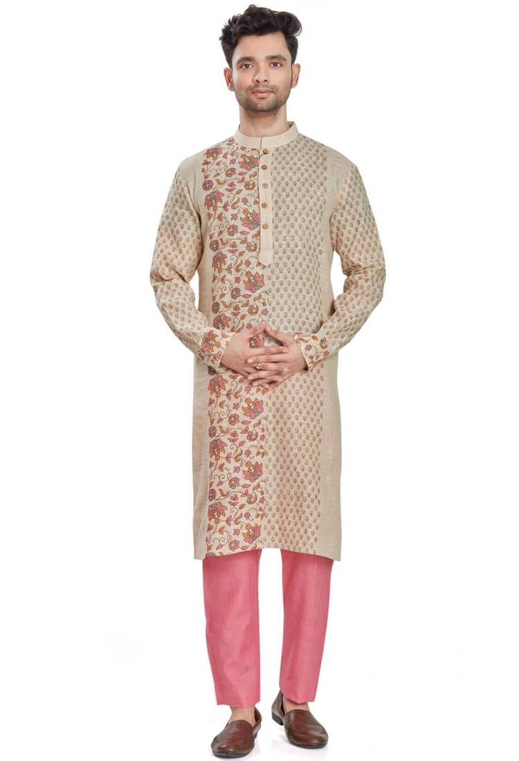 Beige hand block printed kurta with embreoidery viscos kurta payjama etnic wear / festive wear
