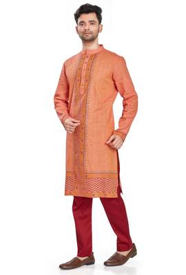 Orange hand block printed kurta with embroidery viscos kurta payjama ethnic wear / festive wear 3