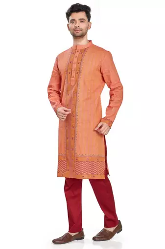 Orange hand block printed kurta with embroidery viscos kurta payjama ethnic wear / festive wear
