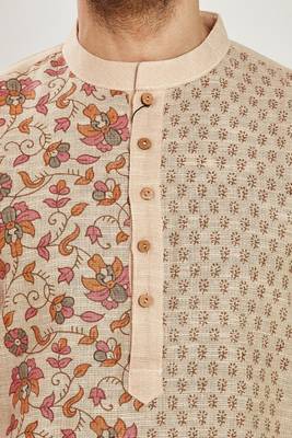Beige hand block printed kurta with embreoidery viscos kurta payjama etnic wear / festive wear 5