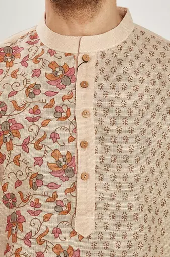 Beige hand block printed kurta with embreoidery viscos kurta payjama etnic wear / festive wear