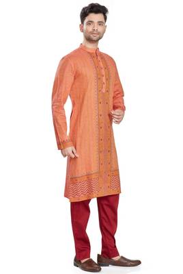 Orange hand block printed kurta with embroidery viscos kurta payjama ethnic wear / festive wear 4