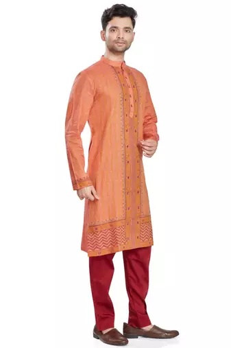 Orange hand block printed kurta with embroidery viscos kurta payjama ethnic wear / festive wear