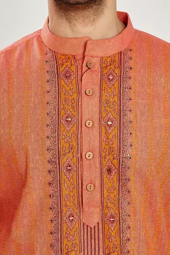 Orange hand block printed kurta with embroidery viscos kurta payjama ethnic wear / festive wear