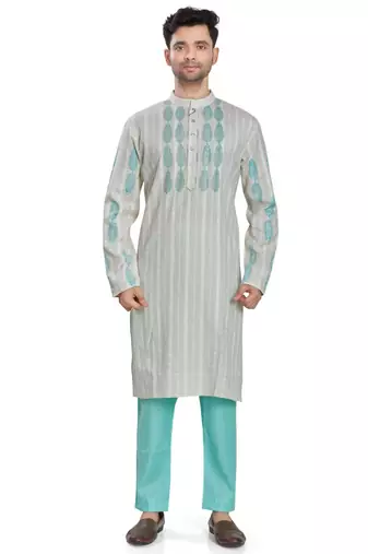 Grey hand block printed with embroidery kurta viscos kurta payjama etnic wear / festive wear