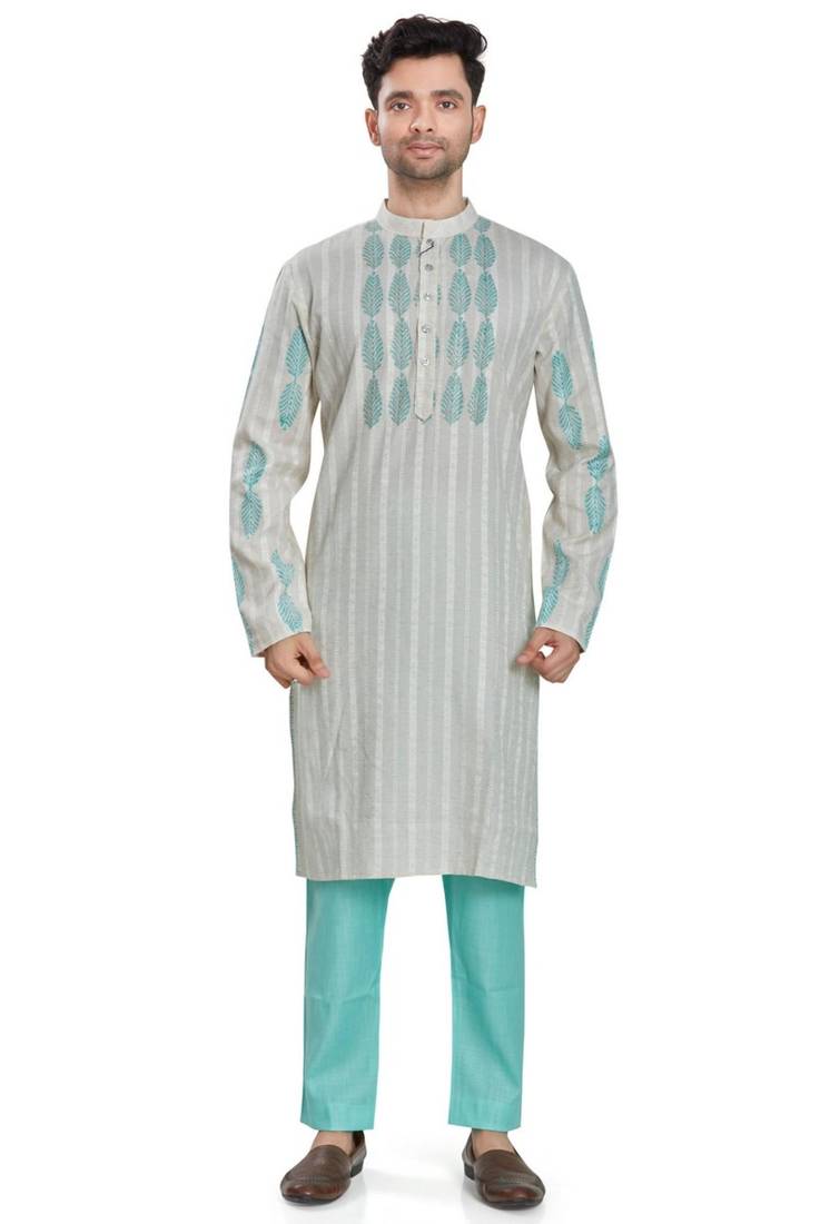 Grey hand block printed with embroidery kurta viscos kurta payjama etnic wear / festive wear