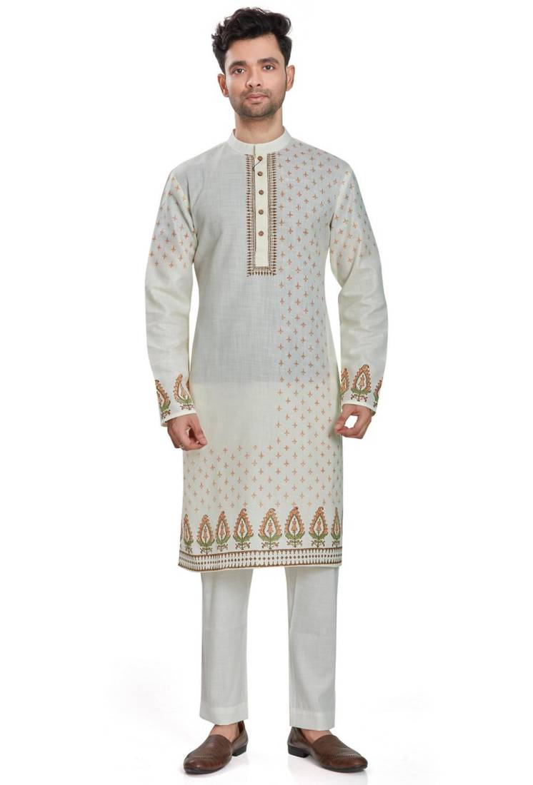 Off white hand block printed with embroidery  kurta viscos kurta payjama etnic wear / festive wear