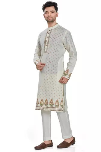 Off white hand block printed with embroidery  kurta viscos kurta payjama etnic wear / festive wear