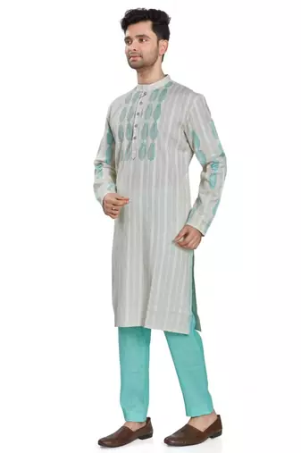 Grey hand block printed with embroidery kurta viscos kurta payjama etnic wear / festive wear